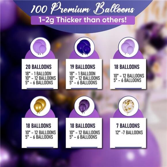 Purple and Gold Balloon Arch & Garland Kit –Small and Large Purple Gold Balloons - Picture 3 of 7